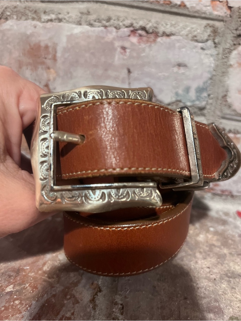 Brown Leather Brighton Belt with Engraved Silver Buckle 26